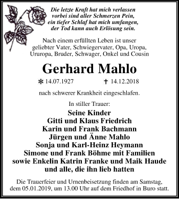 Traueranzeige von Gerhard Mahlo von WVG - Wochenspiegel Dessau / Köthen