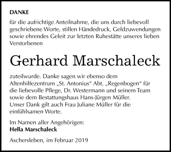 Traueranzeige von Gerhard Marschaleck von Mitteldeutsche Zeitung Aschersleben