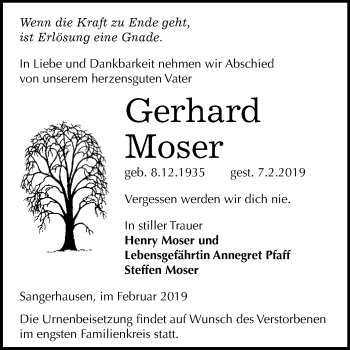 Traueranzeige von Gerhard Moser von Super Sonntag SGH Mansf. Land