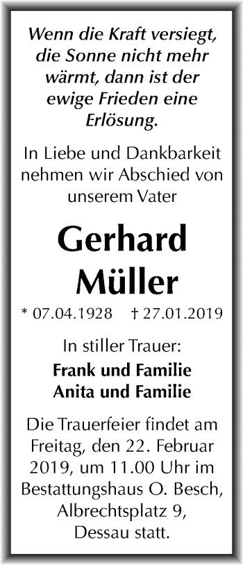 Traueranzeige von Gerhard Müller von Mitteldeutsche Zeitung Dessau-Roßlau