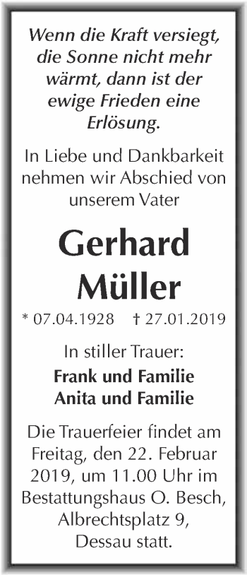 Traueranzeige von Gerhard Müller von WVG - Wochenspiegel Dessau / Köthen