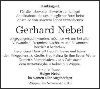 Traueranzeige von Gerhard Nebel von Super Sonntag SGH Mansf. Land