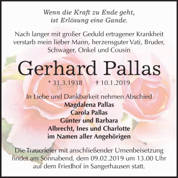 Traueranzeige von Gerhard Pallas von Super Sonntag SGH Mansf. Land