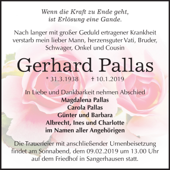 Traueranzeige von Gerhard Pallas von Mitteldeutsche Zeitung Sangerhausen