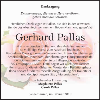 Traueranzeige von Gerhard Pallas von Super Sonntag SGH Mansf. Land