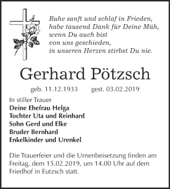 Traueranzeige von Gerhard Pötzsch von WVG - Wochenspiegel Wittenberg