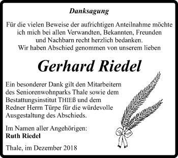 Traueranzeige von Gerhard Riedel von Mitteldeutsche Zeitung Quedlinburg