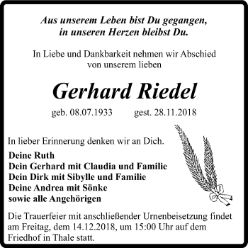 Traueranzeige von Gerhard Riedel von Super Sonntag Quedlinburg
