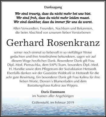 Traueranzeige von Gerhard Rosenkranz von Super Sonntag SGH Mansf. Land