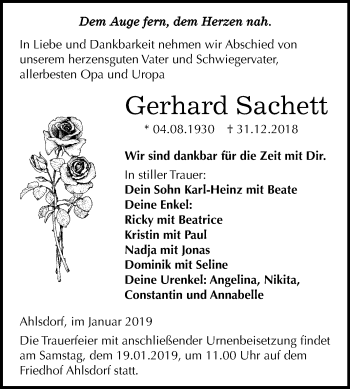 Traueranzeige von Gerhard Sachett von Mitteldeutsche Zeitung Aschersleben