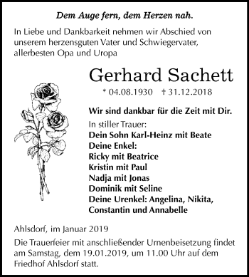 Traueranzeige von Gerhard Sachett von Wochenspiegel Mansfelder Land