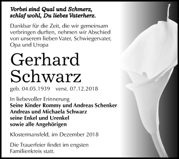 Traueranzeige von Gerhard Schwarz von Mitteldeutsche Zeitung Aschersleben