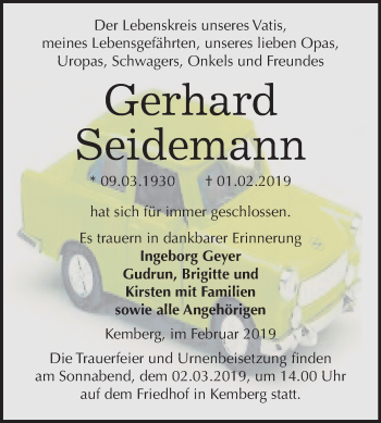 Traueranzeige von Gerhard Seidemann von Mitteldeutsche Zeitung