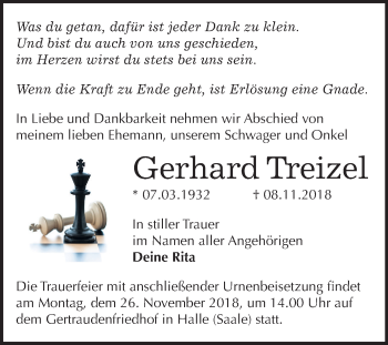 Traueranzeige von Gerhard Treizel von Mitteldeutsche Zeitung Halle/Saalkreis