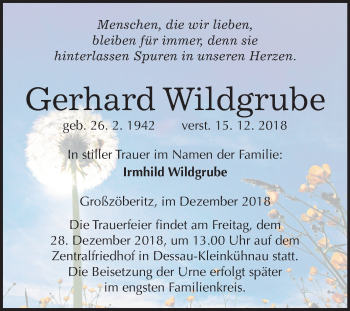 Traueranzeige von Gerhard Wildgrube von Mitteldeutsche Zeitung Bitterfeld