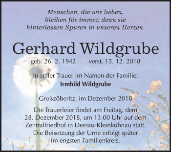 Traueranzeige von Gerhard Wildgrube von WVG - Wochenspiegel Bitterfeld