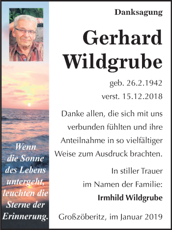 Traueranzeige von Gerhard Wildgrube von Mitteldeutsche Zeitung Bitterfeld