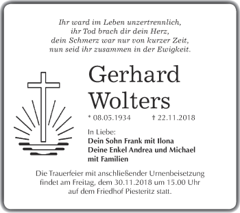 Traueranzeige von Gerhard Wolters von WVG - Wochenspiegel Wittenberg