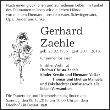 Traueranzeige von Gerhard Zaehle von WVG - Wochenspiegel Dessau / Köthen