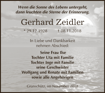 Traueranzeige von Gerhard Zeidler von WVG - Wochenspiegel NMB / WSF / ZTZ