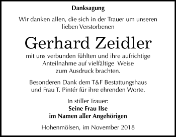 Traueranzeige von Gerhard Zeidler von Mitteldeutsche Zeitung Weißenfels