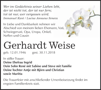 Traueranzeige von Gerhardt Weise von Super Sonntag Wittenberg