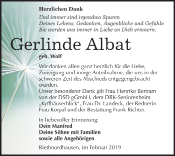 Traueranzeige von Gerlinde Albat von Mitteldeutsche Zeitung Sangerhausen