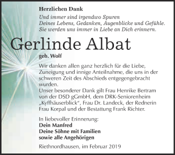 Traueranzeige von Gerlinde Albat von Super Sonntag SGH Mansf. Land