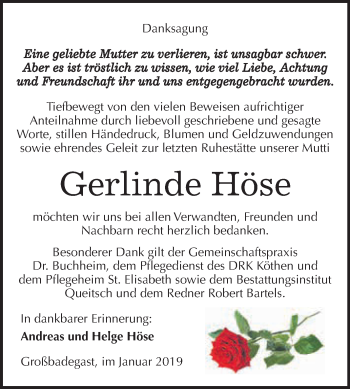 Traueranzeige von Gerlinde Höse von WVG - Wochenspiegel Dessau / Köthen