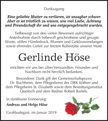Traueranzeige von Gerlinde Höse von Mitteldeutsche Zeitung Köthen