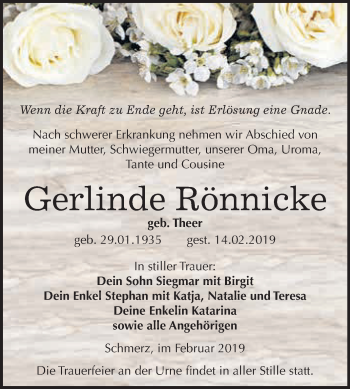 Traueranzeige von Gerlinde Rönnicke von WVG - Wochenspiegel Bitterfeld