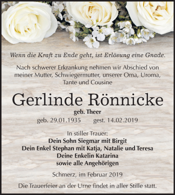 Traueranzeige von Gerlinde Rönnicke von Mitteldeutsche Zeitung Bitterfeld