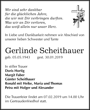 Traueranzeige von Gerlinde Scheithauer von Mitteldeutsche Zeitung Halle/Saalkreis