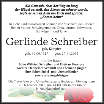 Traueranzeige von Gerlinde Schreiber von Mitteldeutsche Zeitung Mansfelder Land