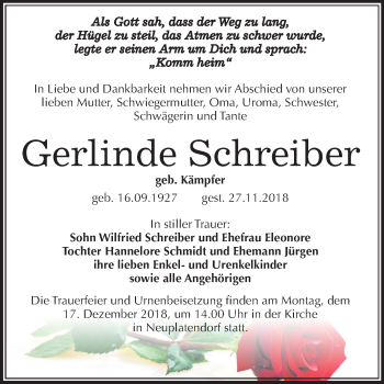Traueranzeige von Gerlinde Schreiber von Mitteldeutsche Zeitung Quedlinburg