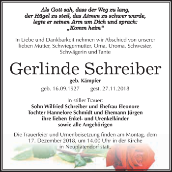 Traueranzeige von Gerlinde Schreiber von Super Sonntag SGH Mansf. Land