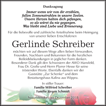 Traueranzeige von Gerlinde Schreiber von Mitteldeutsche Zeitung Quedlinburg
