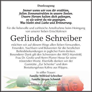 Traueranzeige von Gerlinde Schreiber von WVG - Wochenspiegel Quedlinburg