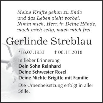 Traueranzeige von Gerlinde Streblau von WVG - Wochenspiegel Wittenberg