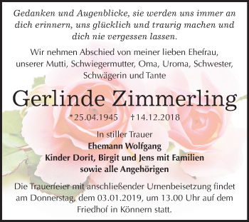 Traueranzeige von Gerlinde Zimmerling von Mitteldeutsche Zeitung Bernburg