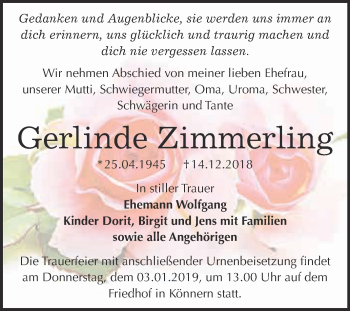 Traueranzeige von Gerlinde Zimmerling von Super Sonntag Bernburg