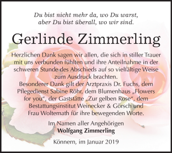 Traueranzeige von Gerlinde Zimmerling von Mitteldeutsche Zeitung Bernburg