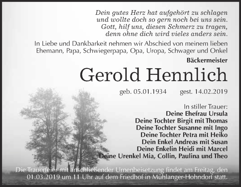  Traueranzeige für Gerold Hennlich vom 18.02.2019 aus Super Sonntag Wittenberg