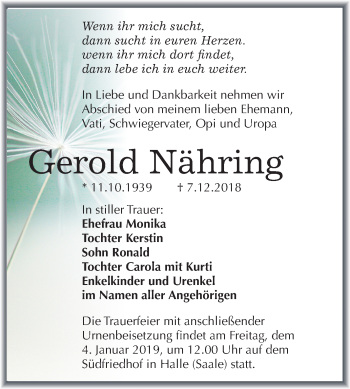 Traueranzeige von Gerold Näring von Mitteldeutsche Zeitung Halle/Saalkreis