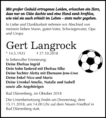 Traueranzeige von Gert Langrock von Mitteldeutsche Zeitung Merseburg/Querfurt