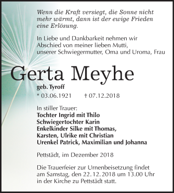 Traueranzeige von Gerta Meyhe von Mitteldeutsche Zeitung Weißenfels