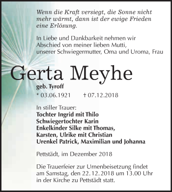 Traueranzeige von Gerta Meyhe von WVG - Wochenspiegel NMB / WSF / ZTZ