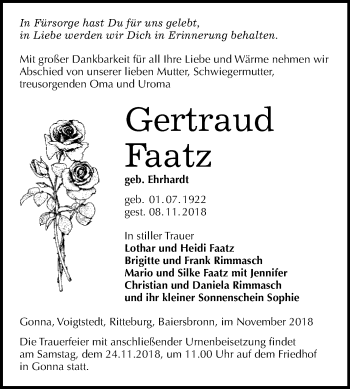 Traueranzeige von Gertraud Faatz von Super Sonntag SGH Mansf. Land
