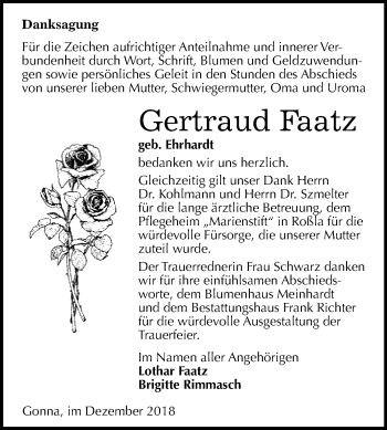 Traueranzeige von Gertraud Faatz von Super Sonntag SGH Mansf. Land