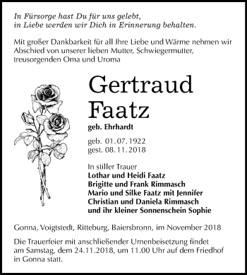 Traueranzeige von Gertraud Faatz von Mitteldeutsche Zeitung Sangerhausen